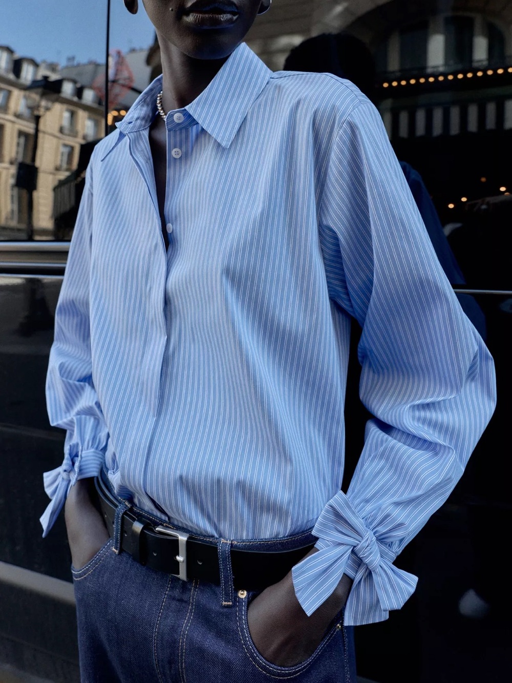 Zara Light Blue and White Striped Button-Down Shirt